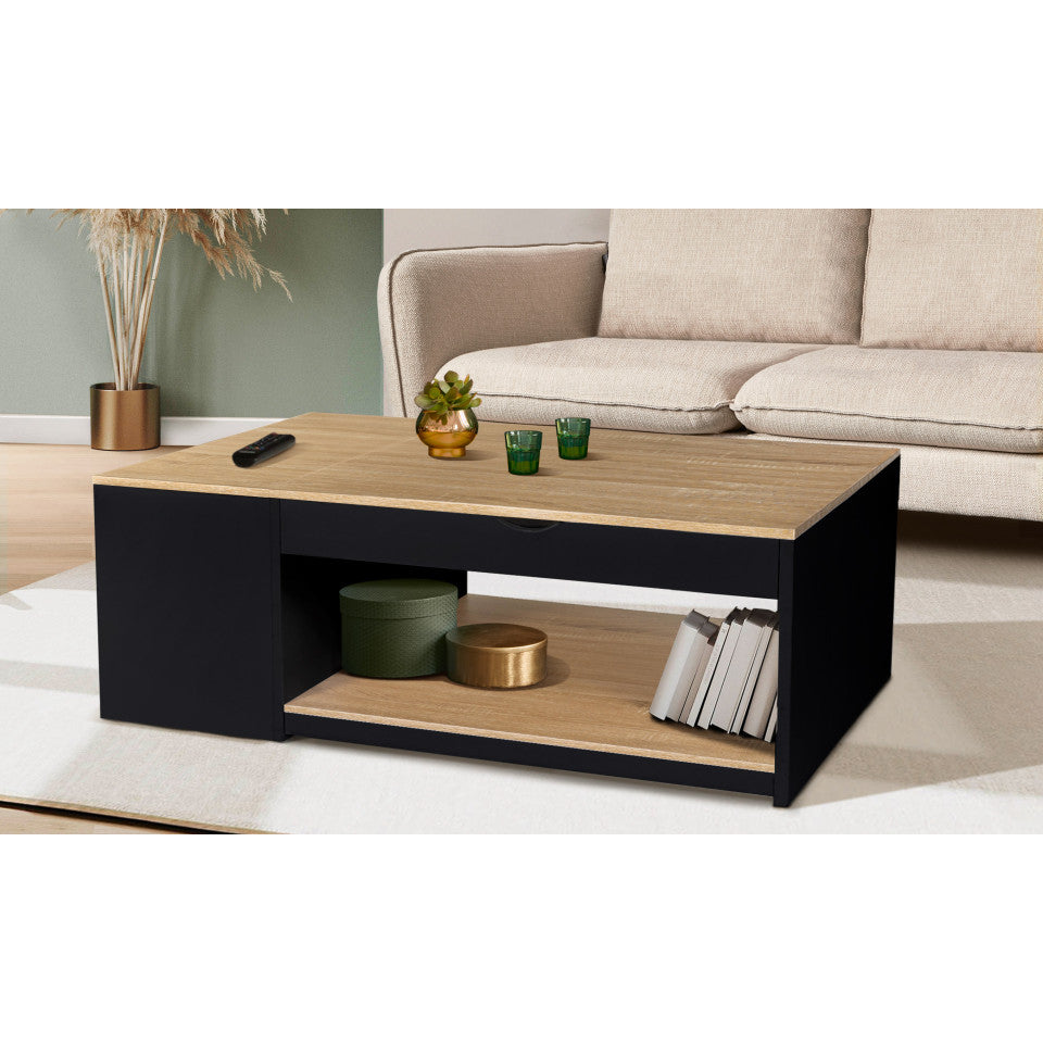 Table basse Elina avec plateau relevable et coffre latéral noir et bois L110cm