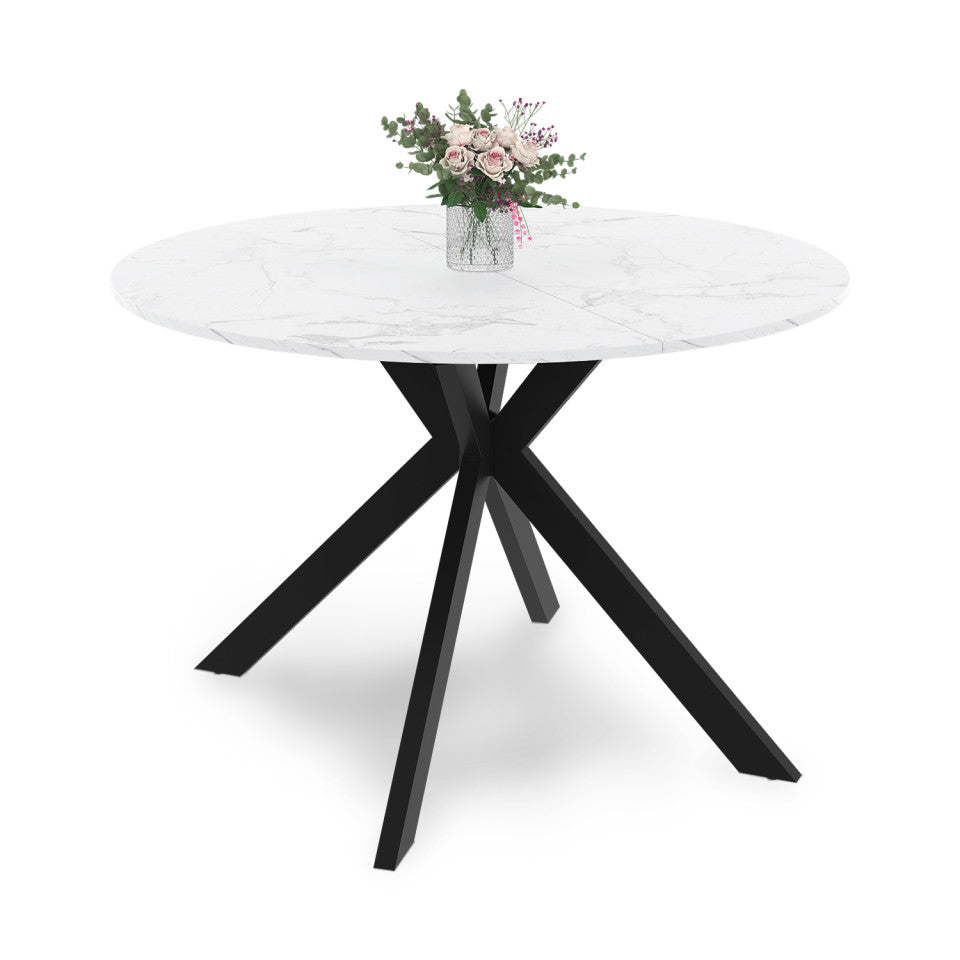 Table repas Spider plateau extensible 110-200cm rond effet marbre et pieds noirs