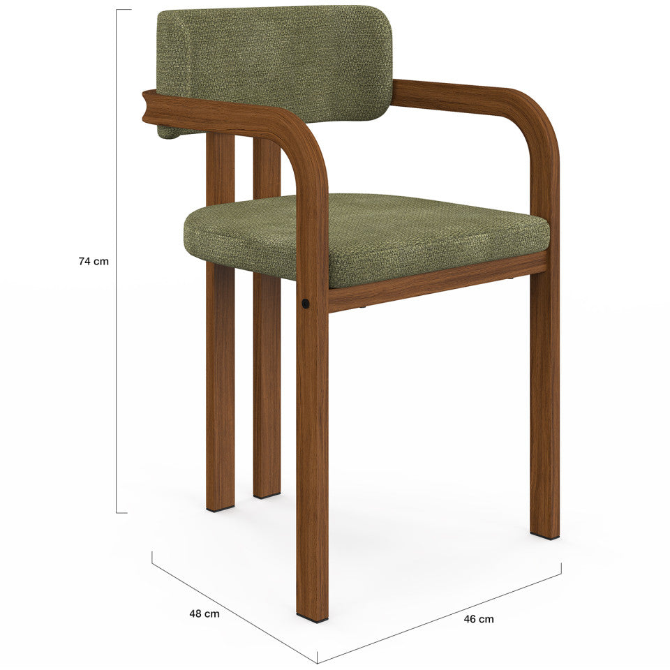 Chaises Elsa avec accoudoirs tissu chenille vert pieds effet noyer - lot de 4