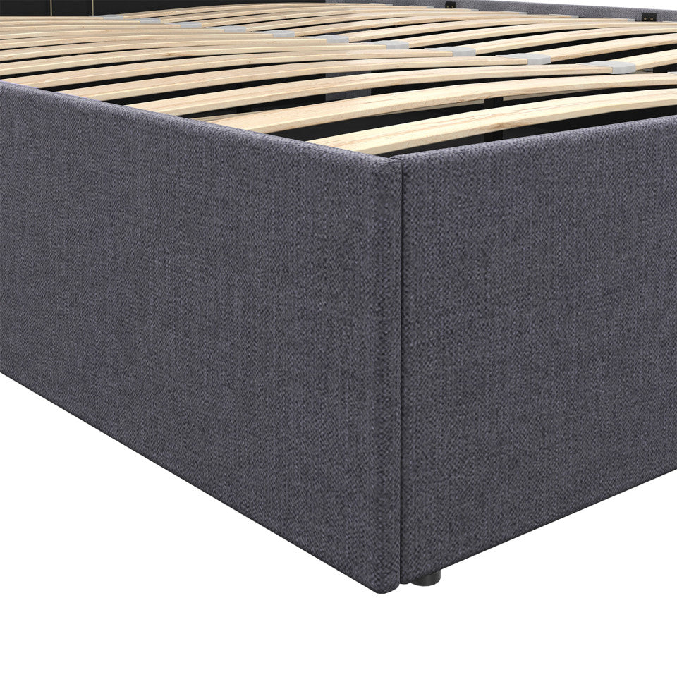 Lit coffre Louise en tissu gris avec sommier et tête de lit arrondie 140x190cm