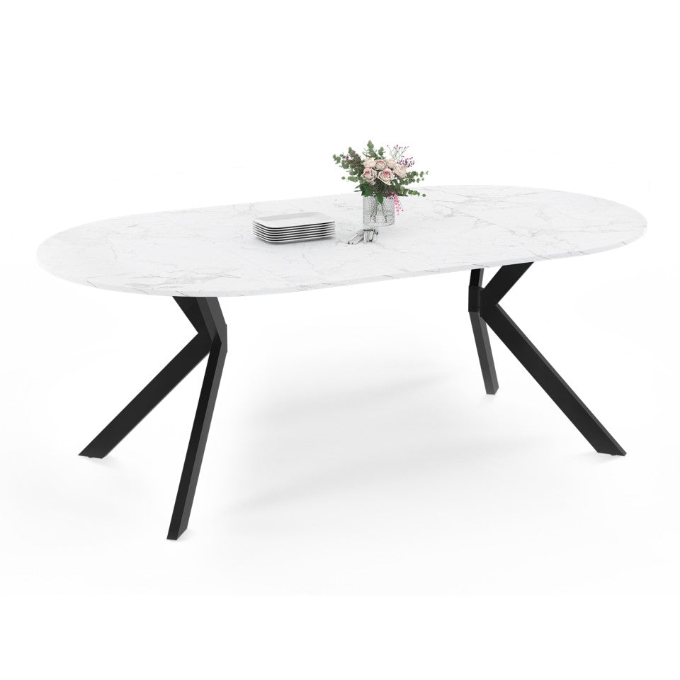 Table repas Spider plateau extensible 110-200cm rond effet marbre et pieds noirs