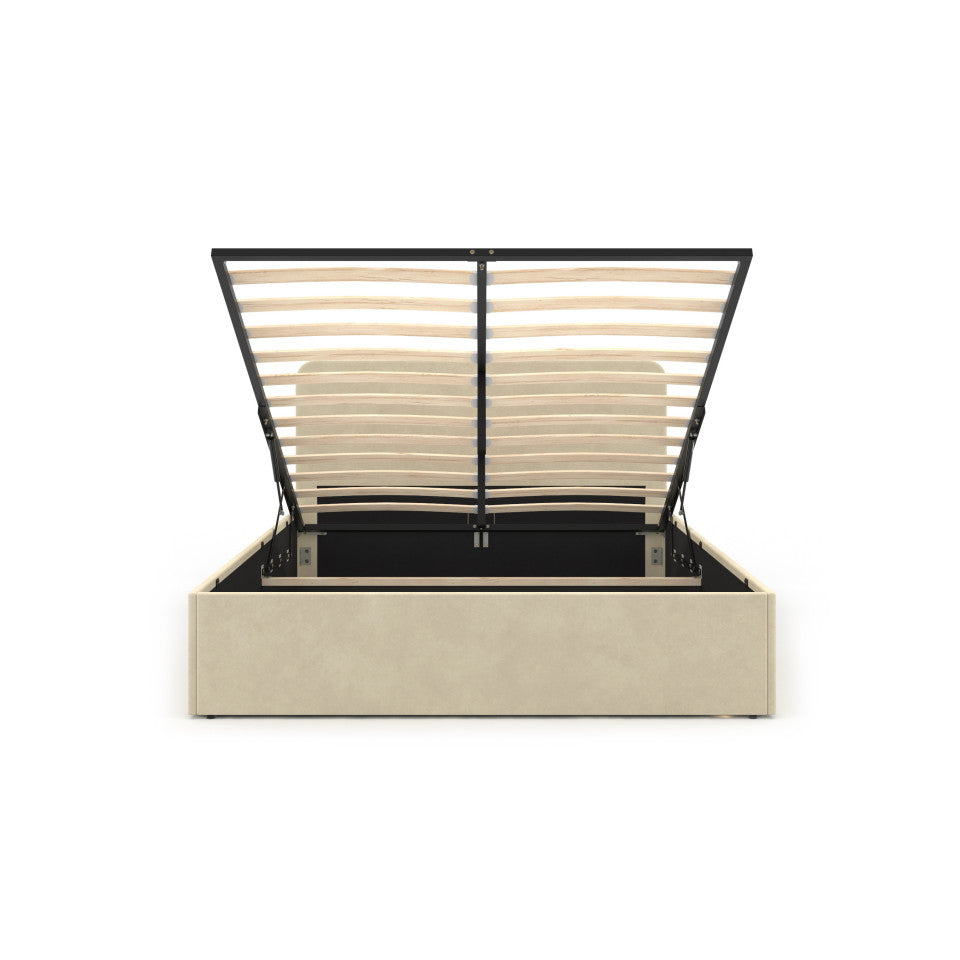 Lit coffre Louise en velours beige avec sommier et tête de lit arrondie 140x190cm