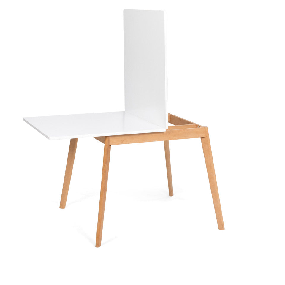 Table repas scandinave pliable 80-160cm plateau blanc et pieds bois