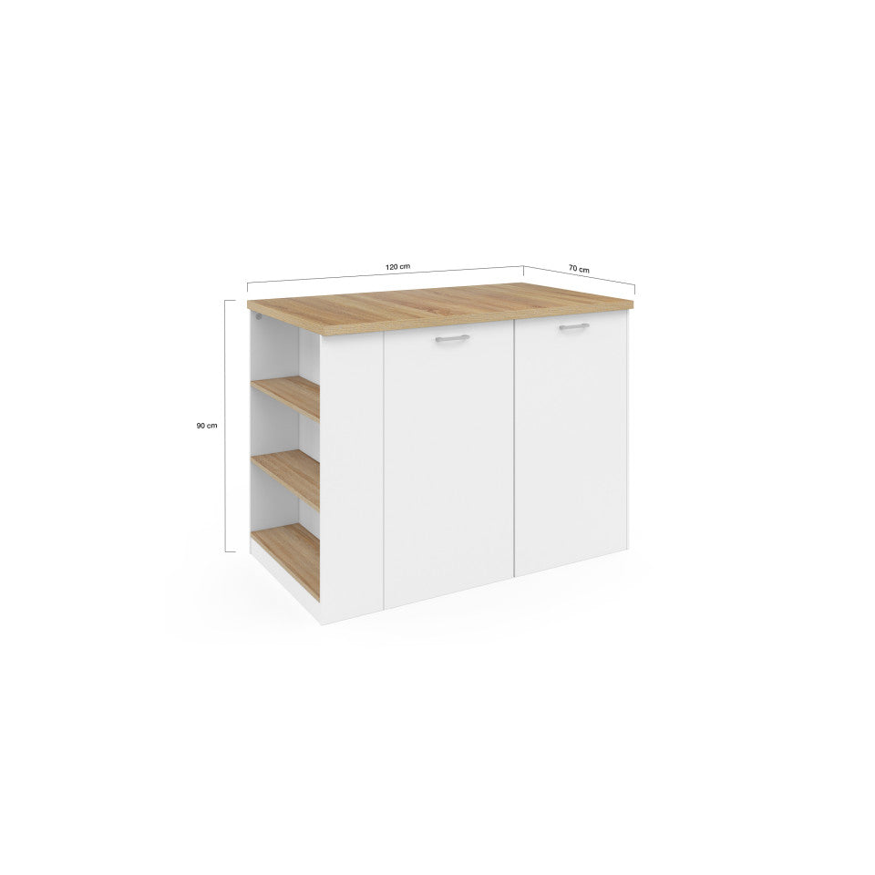 Ilot central de cuisine Dario L120cm bois et blanc avec rangements