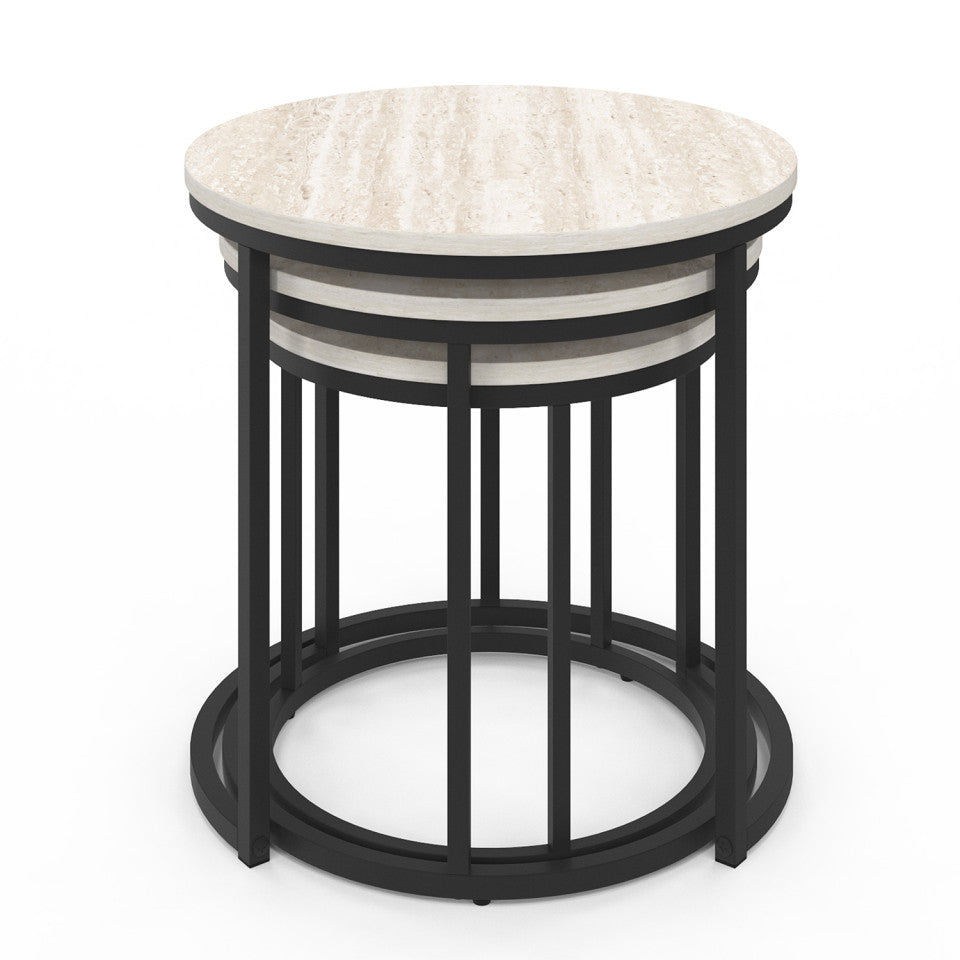 Tables basses gigognes Memphis effet travertin et pieds noirs - lot de 3