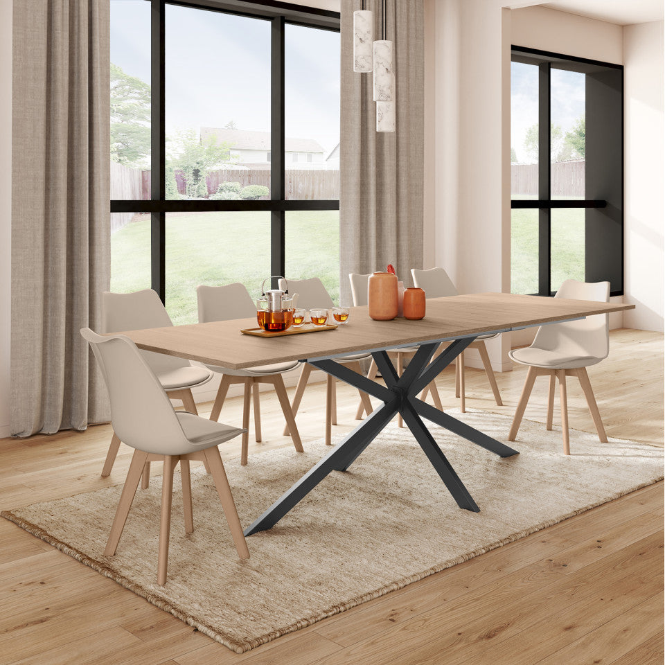 Table repas Spider plateau extensible 200-240cm bois avec rangement intégré et pieds croisés noirs