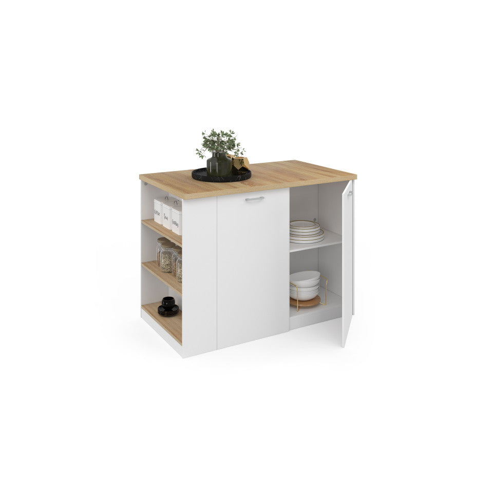 Ilot central de cuisine Dario L120cm bois et blanc avec rangements