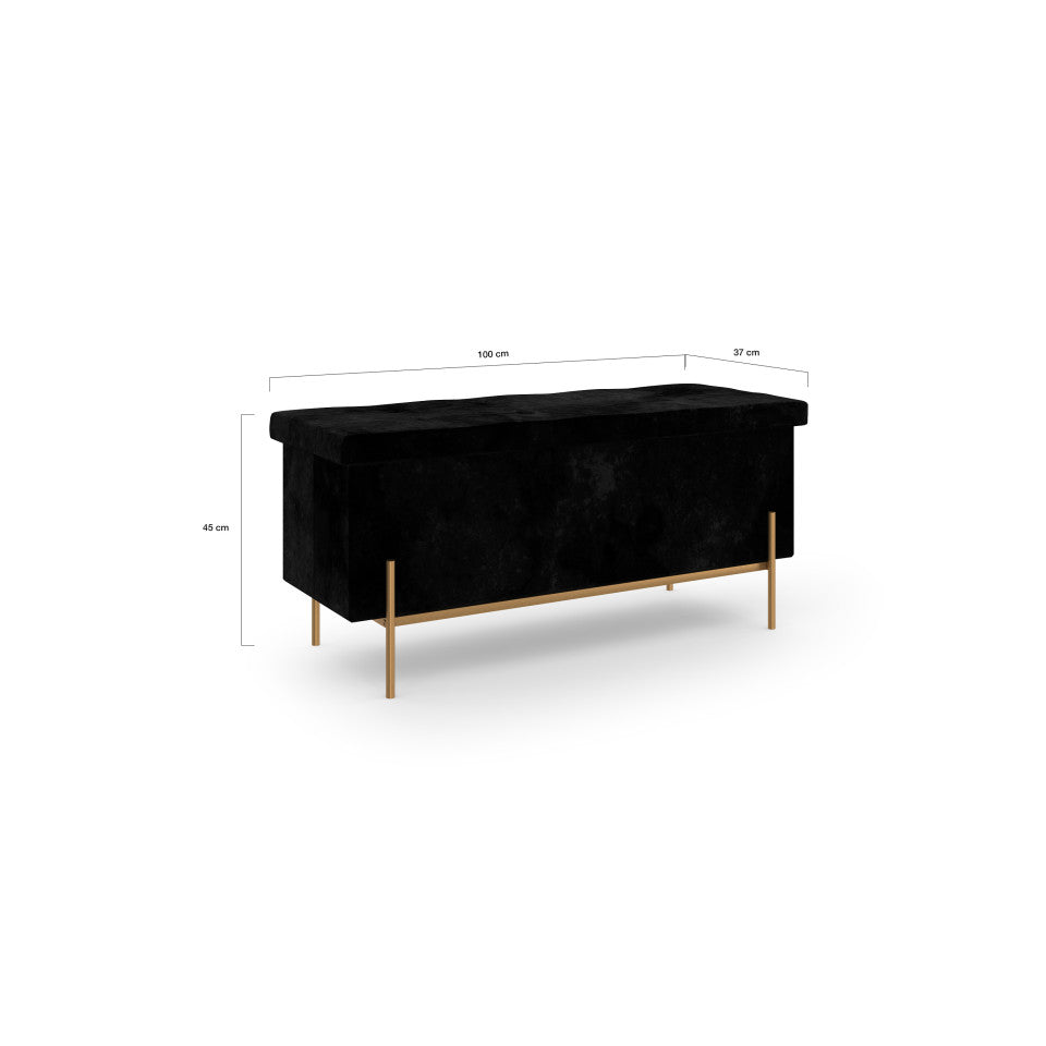 Banc coffre avec pieds dorés Loan en velours noir 100cm