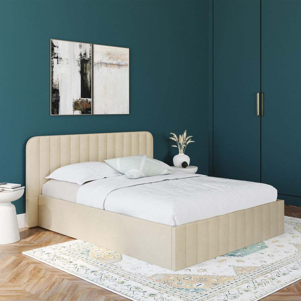 Lit coffre Valentina en velours beige avec sommier et tête de lit 160x200cm