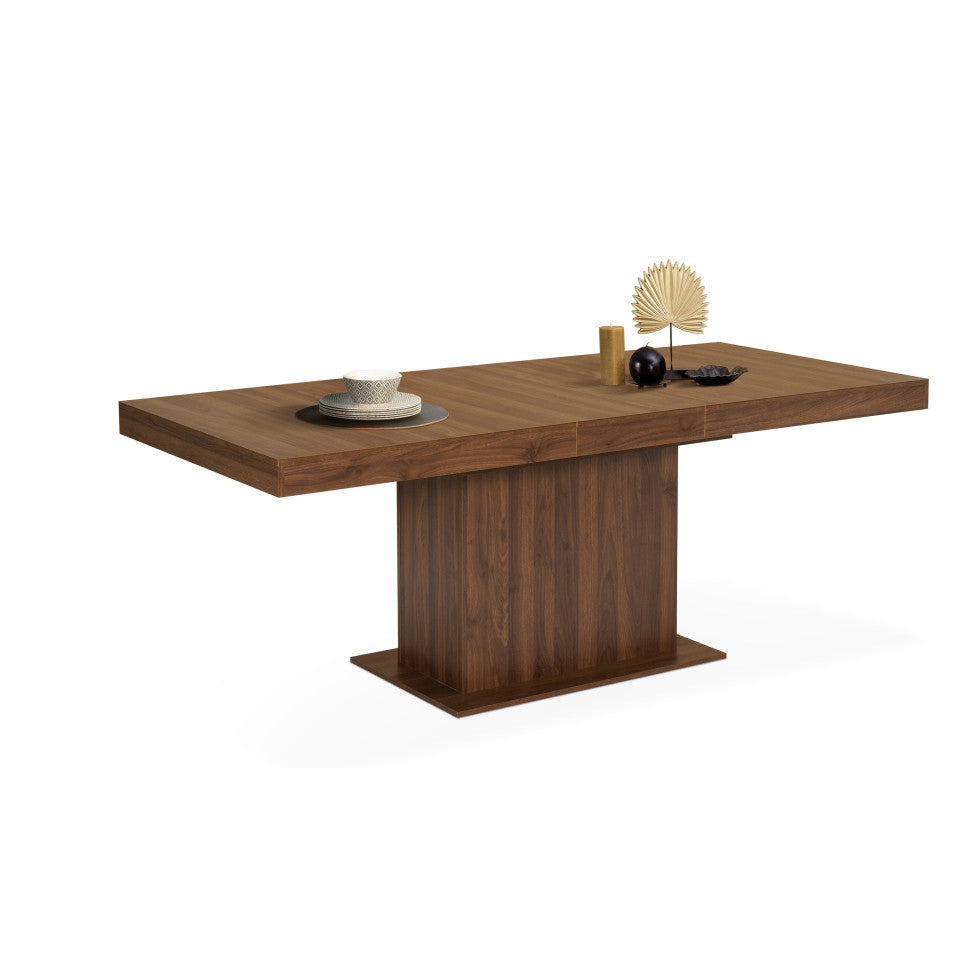 Table repas extensible Tania 160-200cm plateau et pied central effet noyer