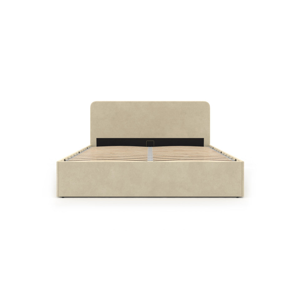 Lit coffre Louise en velours beige avec sommier et tête de lit arrondie 160x200cm