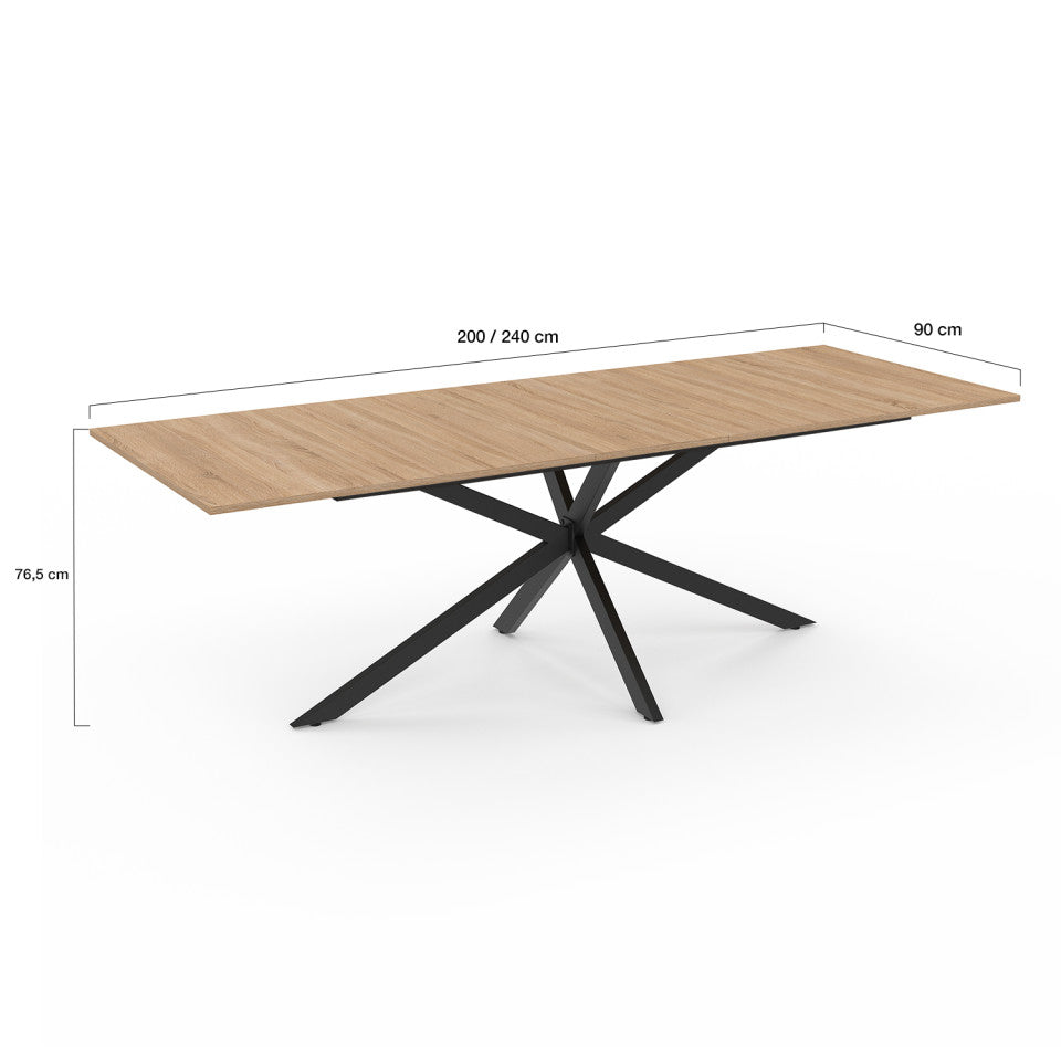 Table repas Spider plateau extensible 200-240cm bois avec rangement intégré et pieds croisés noirs