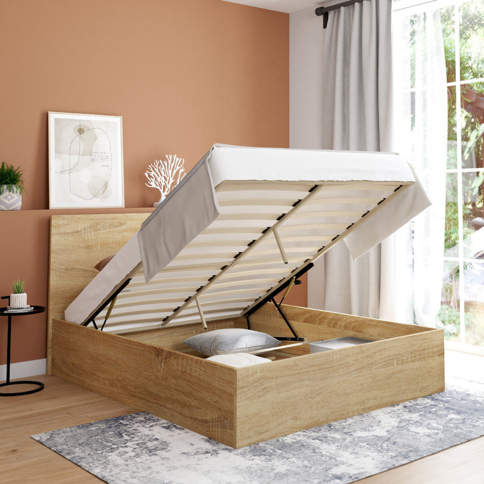 Lit coffre Sicilia avec sommier et tête de lit effet bois 140x190cm