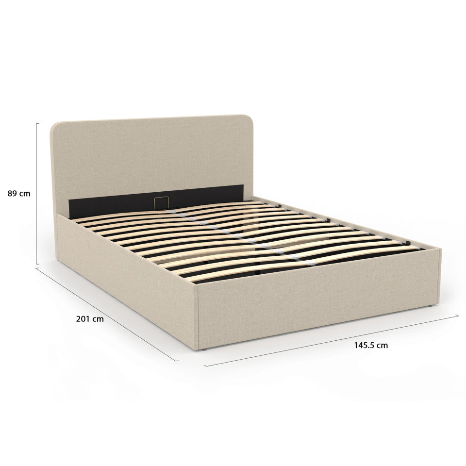 Lit coffre Louise en tissu beige avec sommier et tête de lit arrondie 140x190cm