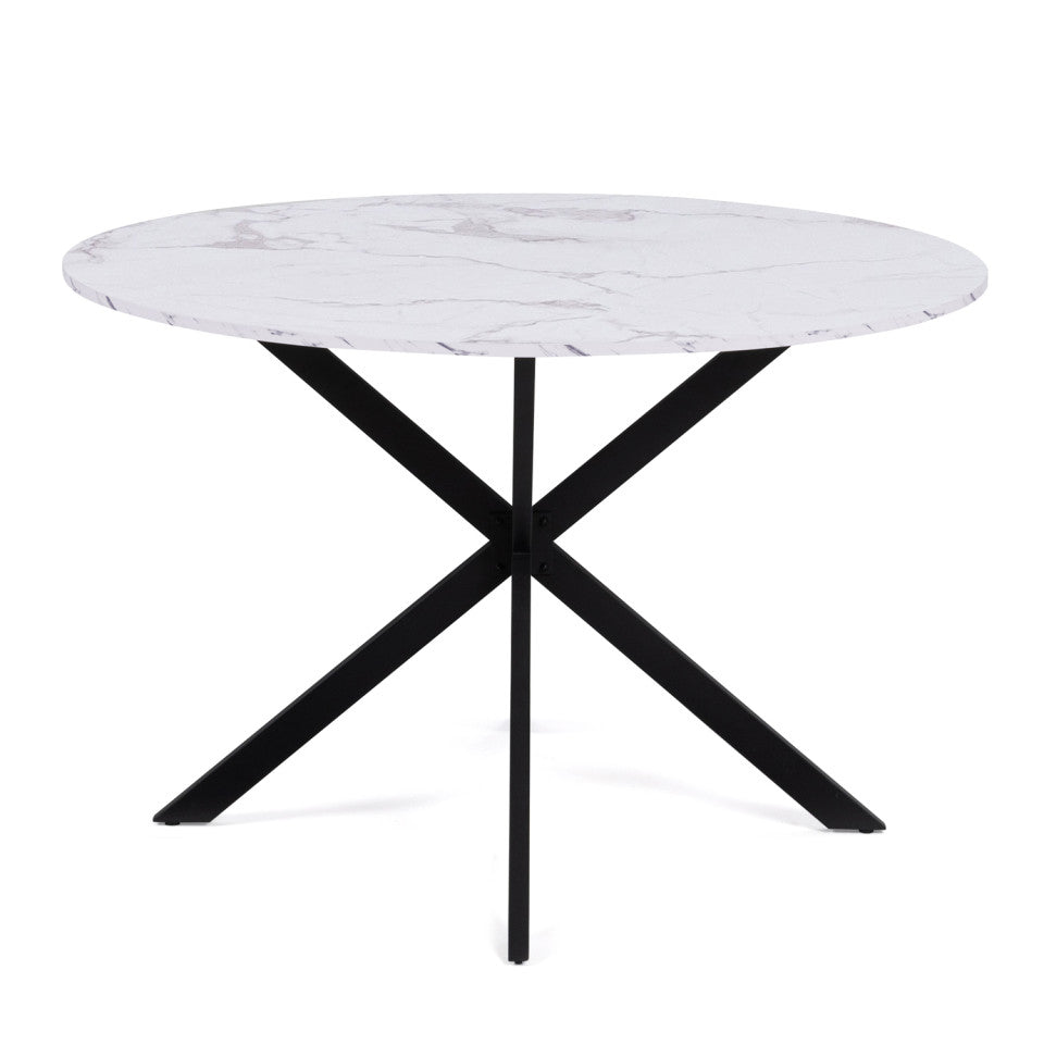 Table repas Soline 110cm plateau rond effet marbre et pieds croisés noirs