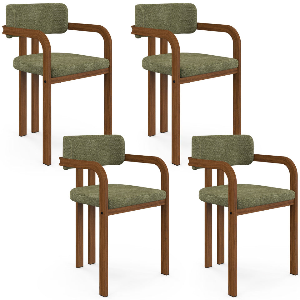 Chaises Elsa avec accoudoirs tissu chenille vert pieds effet noyer - lot de 4