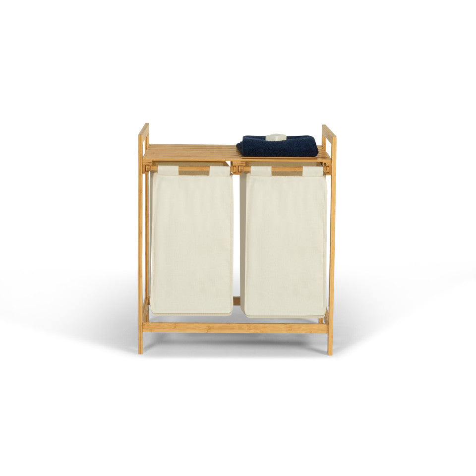 Panier à linge Maya deux compartiments en bambou beige