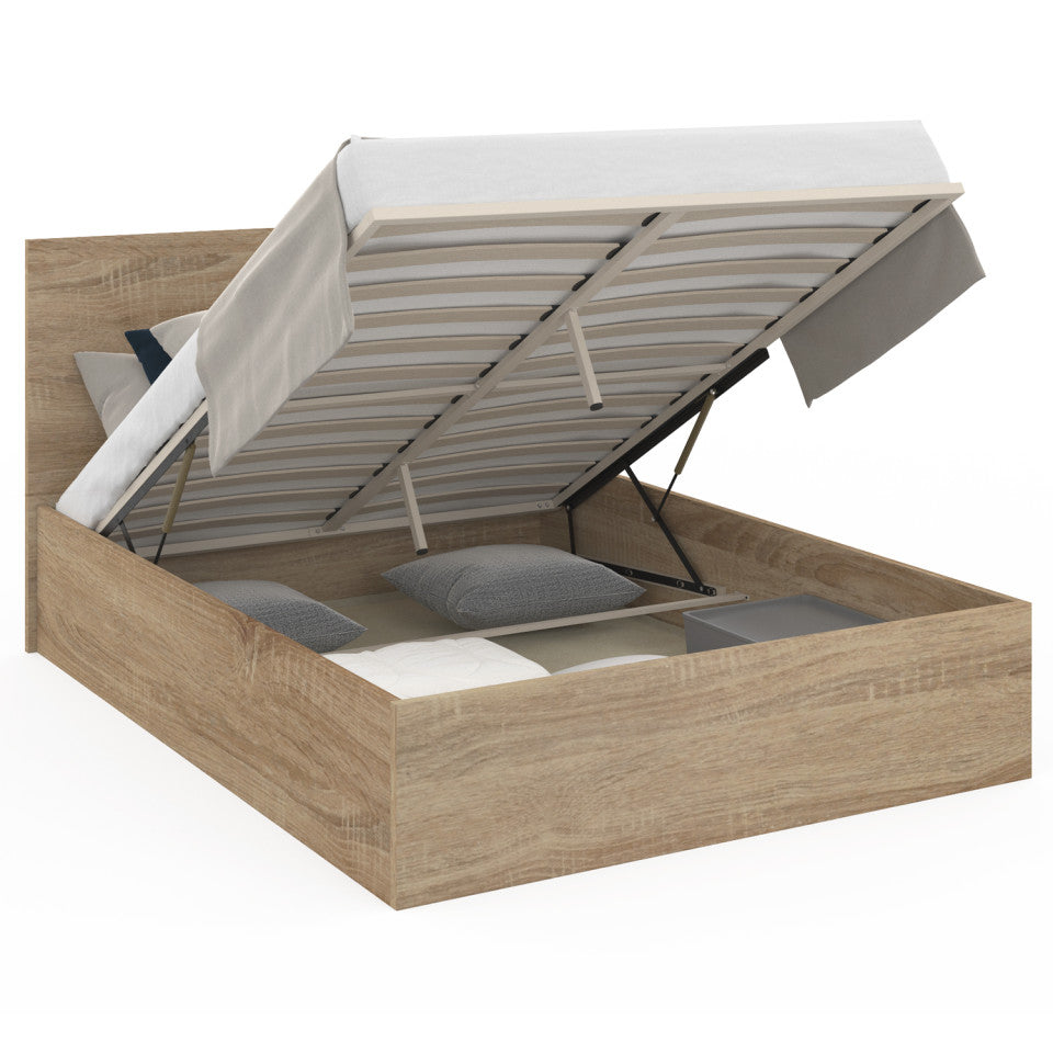 Lit coffre Sicilia avec sommier et tête de lit effet bois 140x190cm