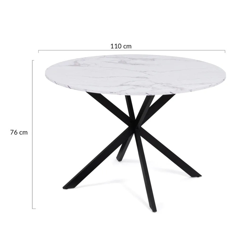 Table repas Soline 110cm plateau rond effet marbre et pieds croisés noirs