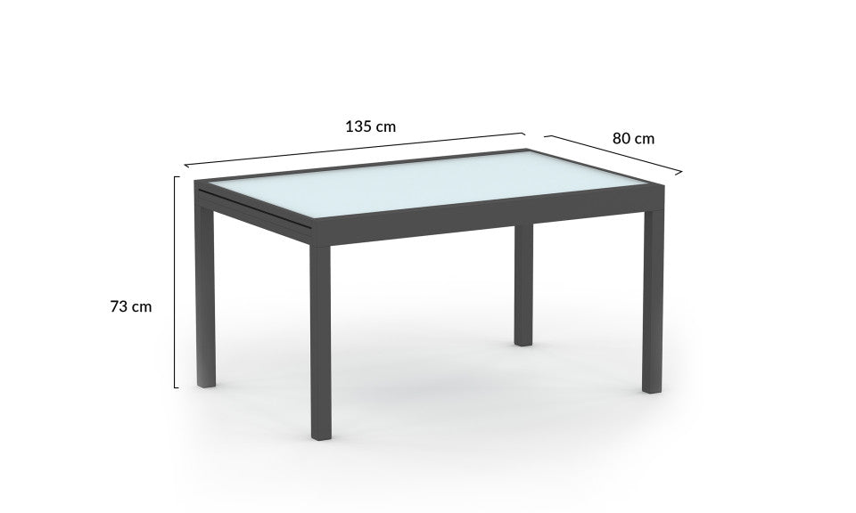 Table de jardin extensible grise en verre trempé 135-270cm