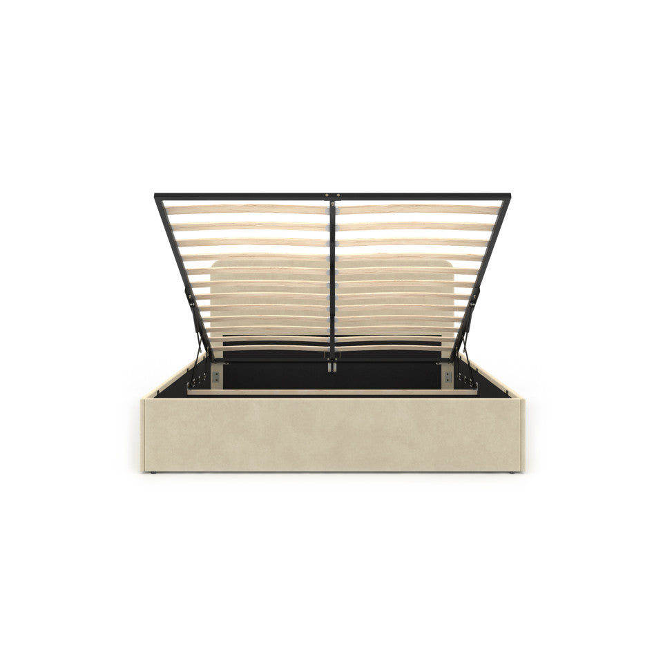 Lit coffre Louise en velours beige avec sommier et tête de lit arrondie 160x200cm