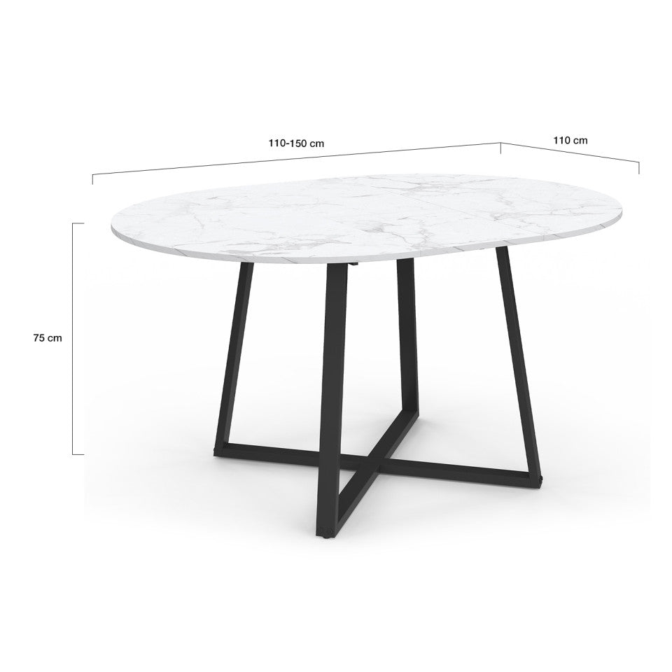 Table repas Sana plateau extensible 110-150cm rond effet marbre et pieds noirs