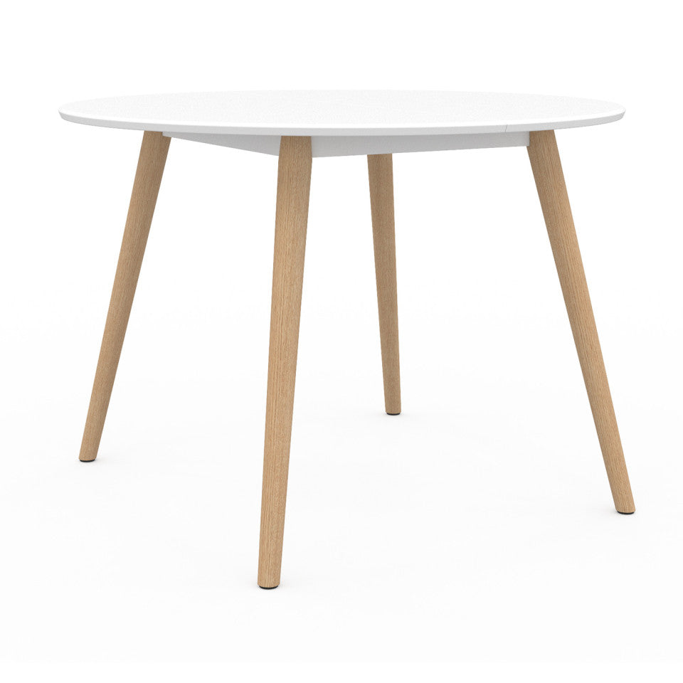 Table repas Stacy 110cm plateau rond blanc et pieds bois