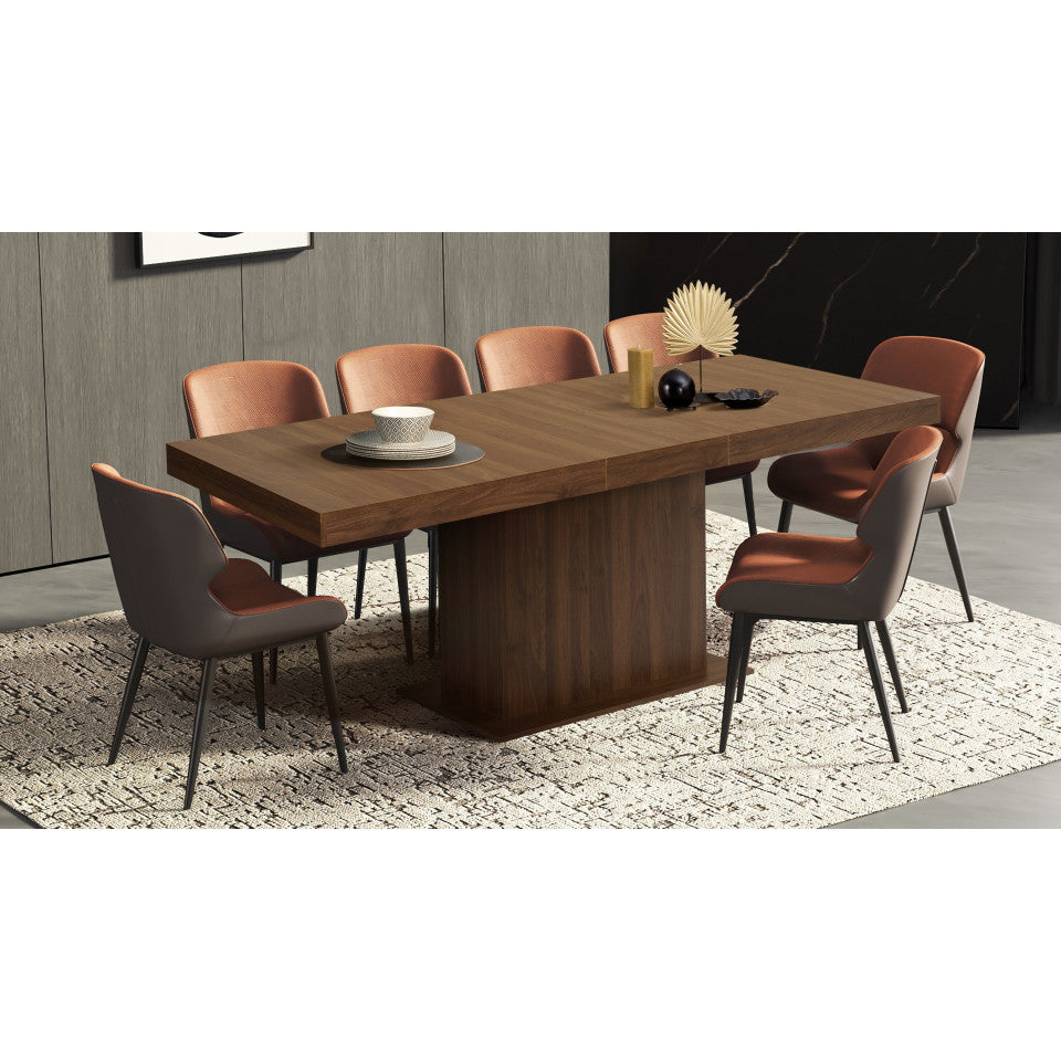 Table repas extensible Tania 160-200cm plateau et pied central effet noyer