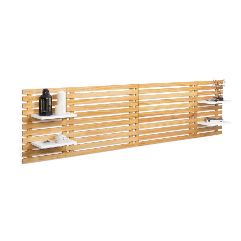 Tête de lit sur pieds Ava en tasseaux 240cm - Bois clair et étagères blanches