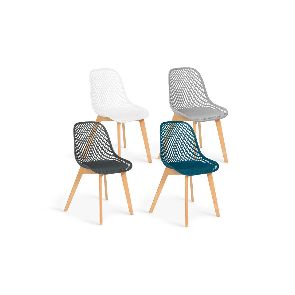 Chaises Maëlle assise ajourée mix de couleurs : 1x blanc, 1x gris foncé, 1x gris clair et 1x bleu canard - lot de 4