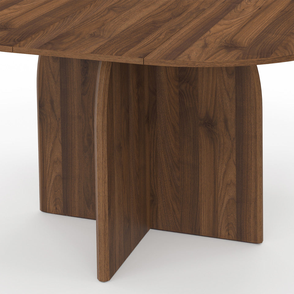 Table à manger ronde extensible Japandi pied central effet noyer Ø110-150cm
