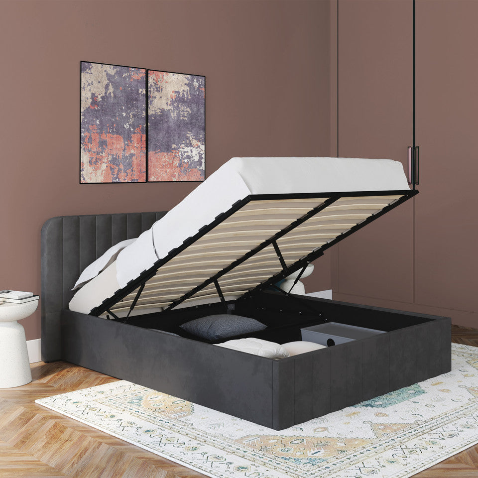 Lit coffre Valentina en velours beige avec sommier et tête de lit 140x190cm