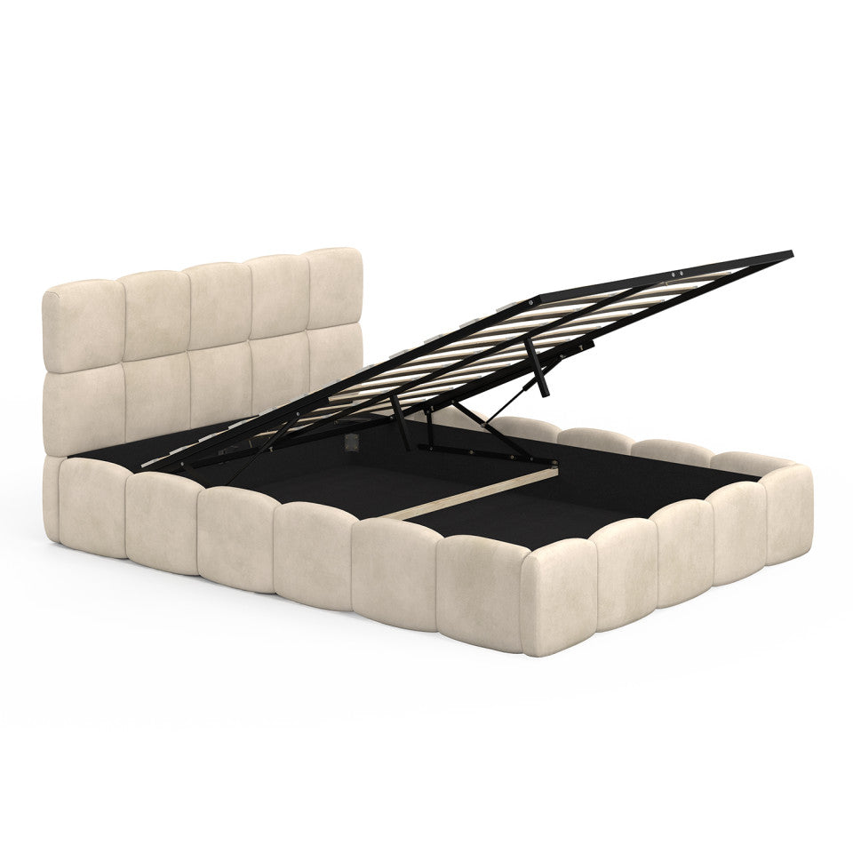 Lit coffre Bubble en velours beige avec sommier et tête de lit 140x190cm