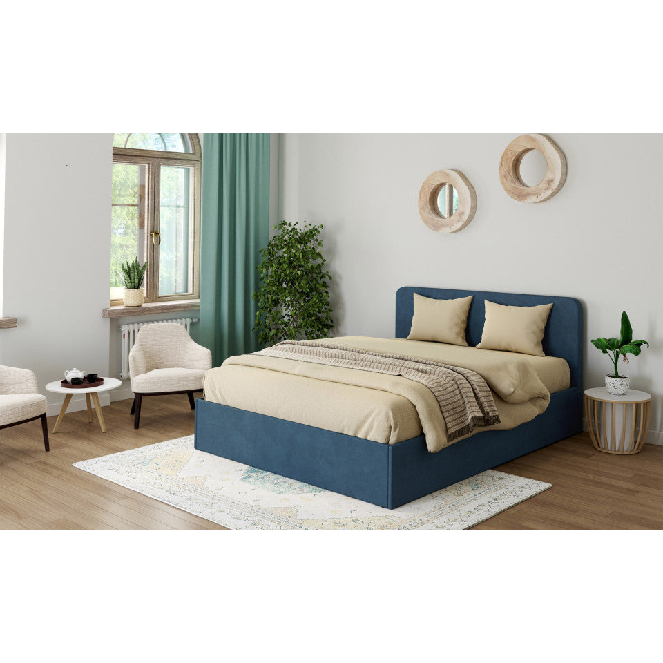Lit coffre Louise en velours bleu avec sommier et tête de lit arrondie 140x190cm