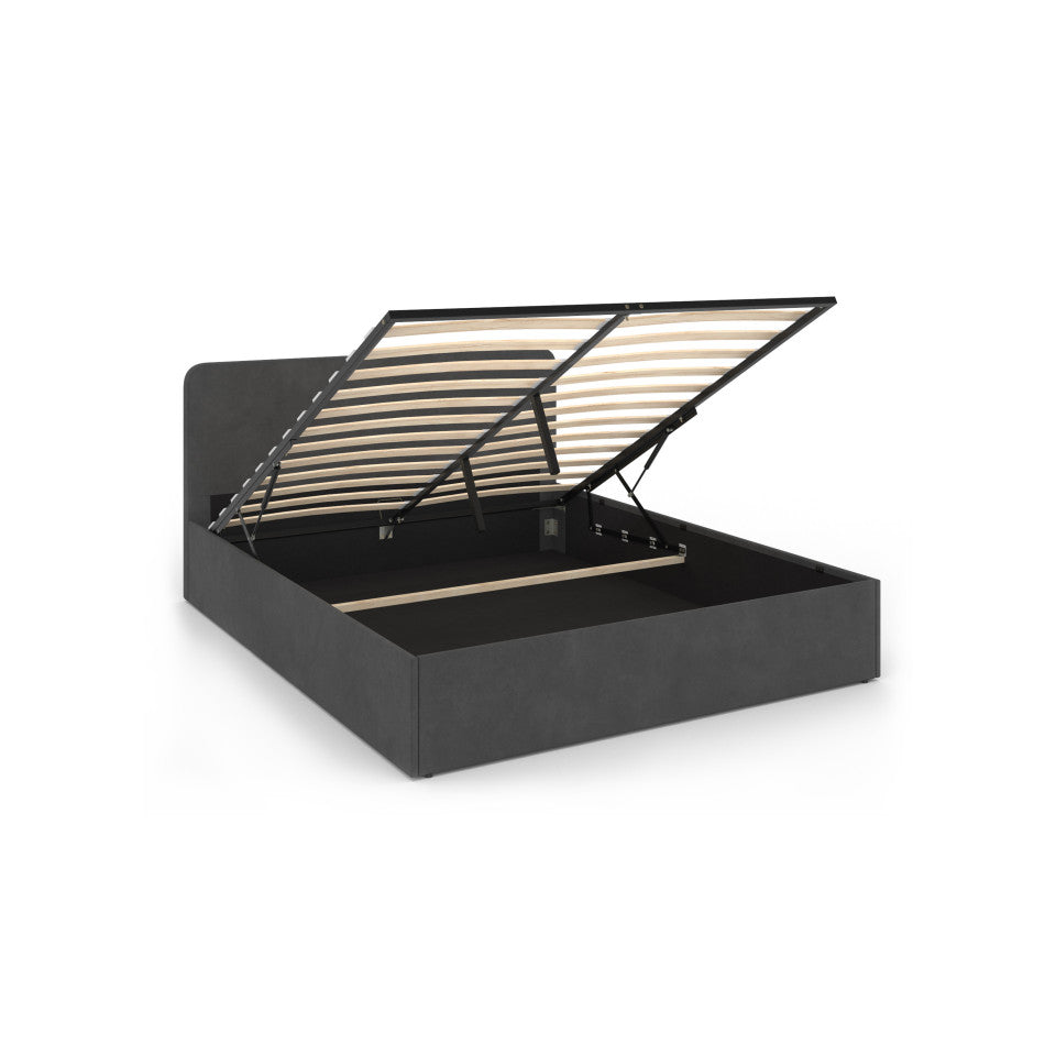 Lit coffre Louise en velours gris avec sommier et tête de lit arrondie 160x200cm