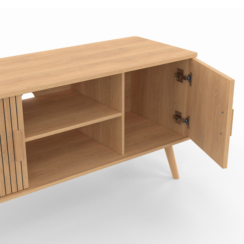 Meuble TV Faustine effet lattes 2 portes + étagères L110cm