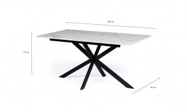 Table repas Glam plateau extensible 160-200cm effet marbre blanc et pieds croisés noirs