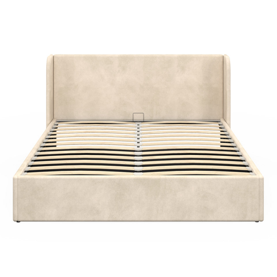 Lit coffre Lucia en velours beige avec sommier et tête de lit 160x200cm