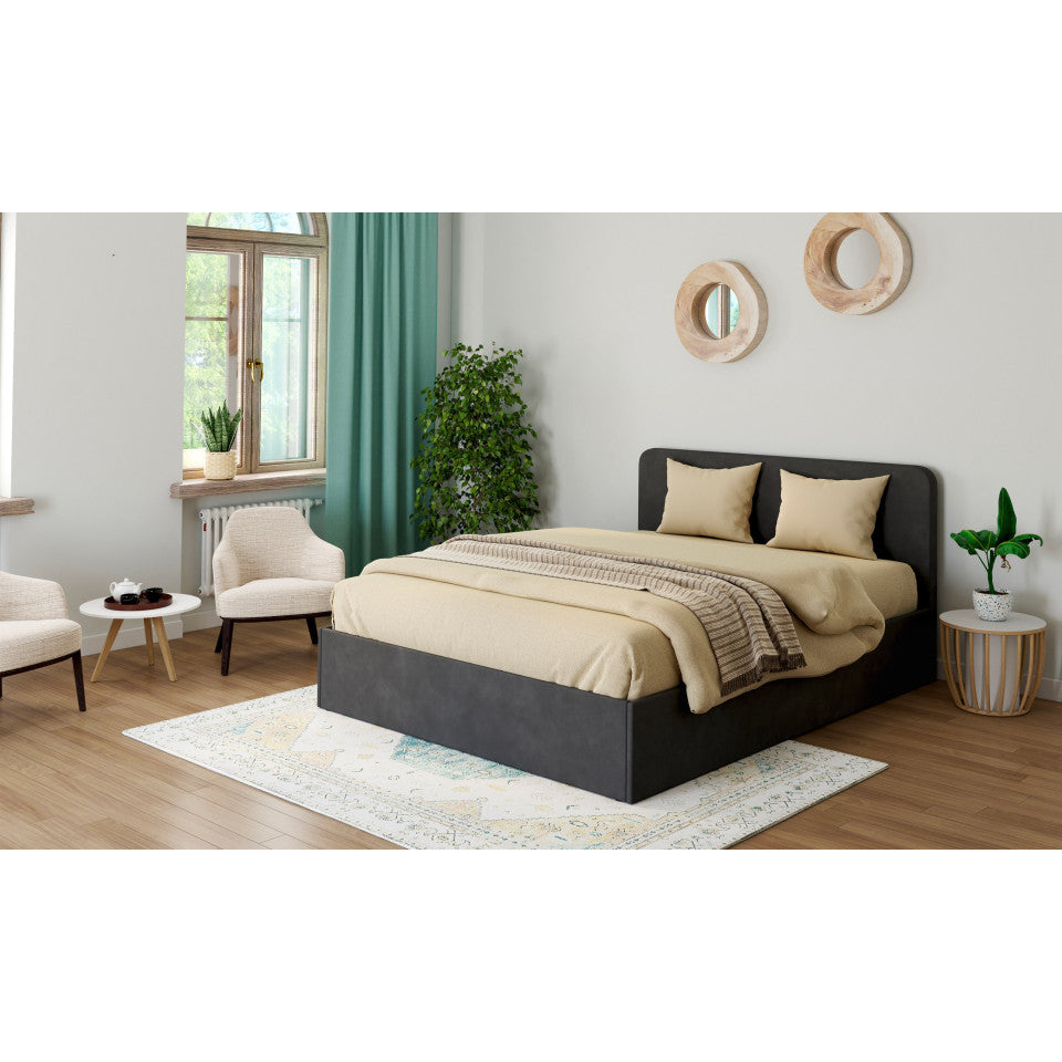 Lit coffre Louise en velours gris avec sommier et tête de lit arrondie 140x190cm