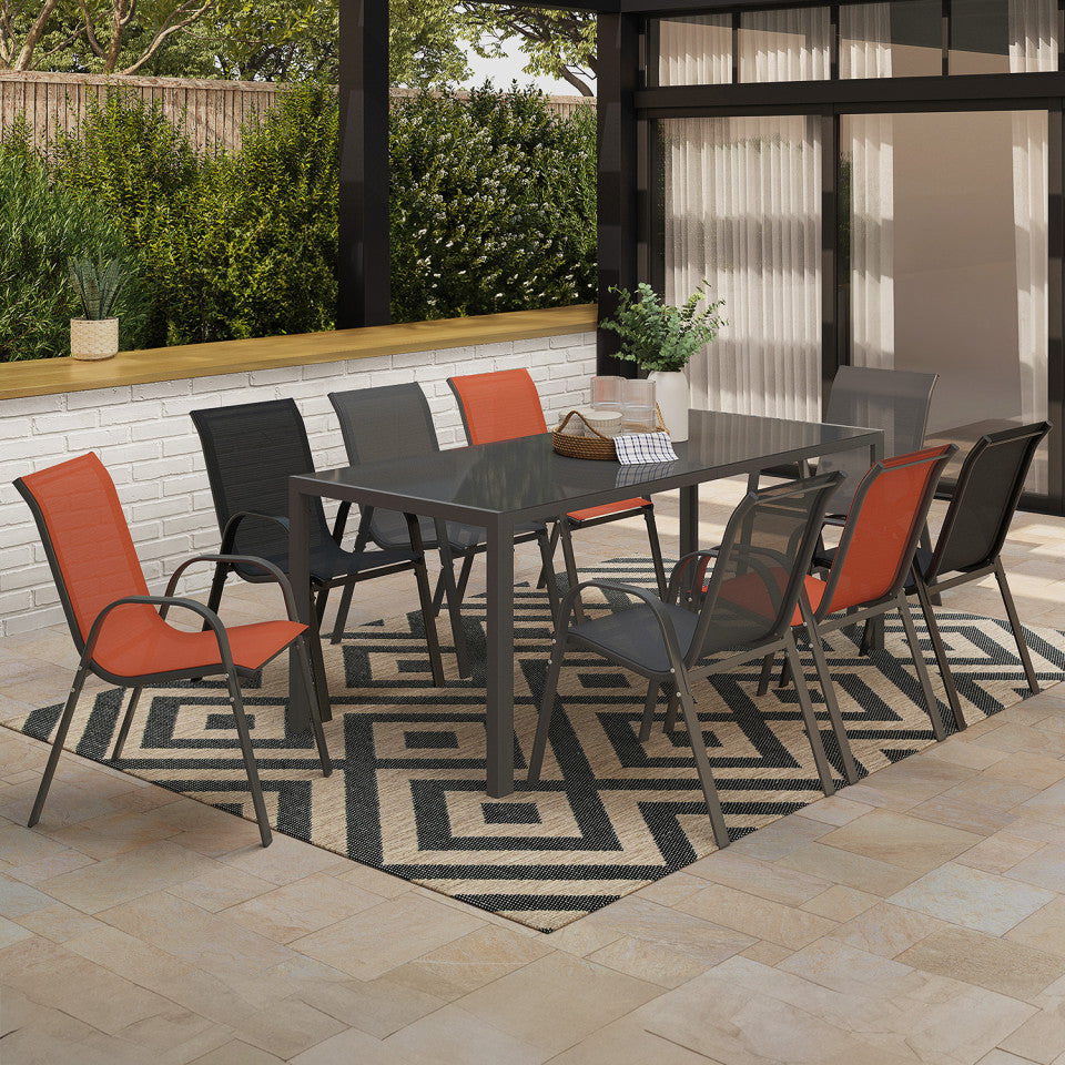 Ensemble repas Minorca 8 places en textilène et verre trempé gris, noir et terracotta 190 cm