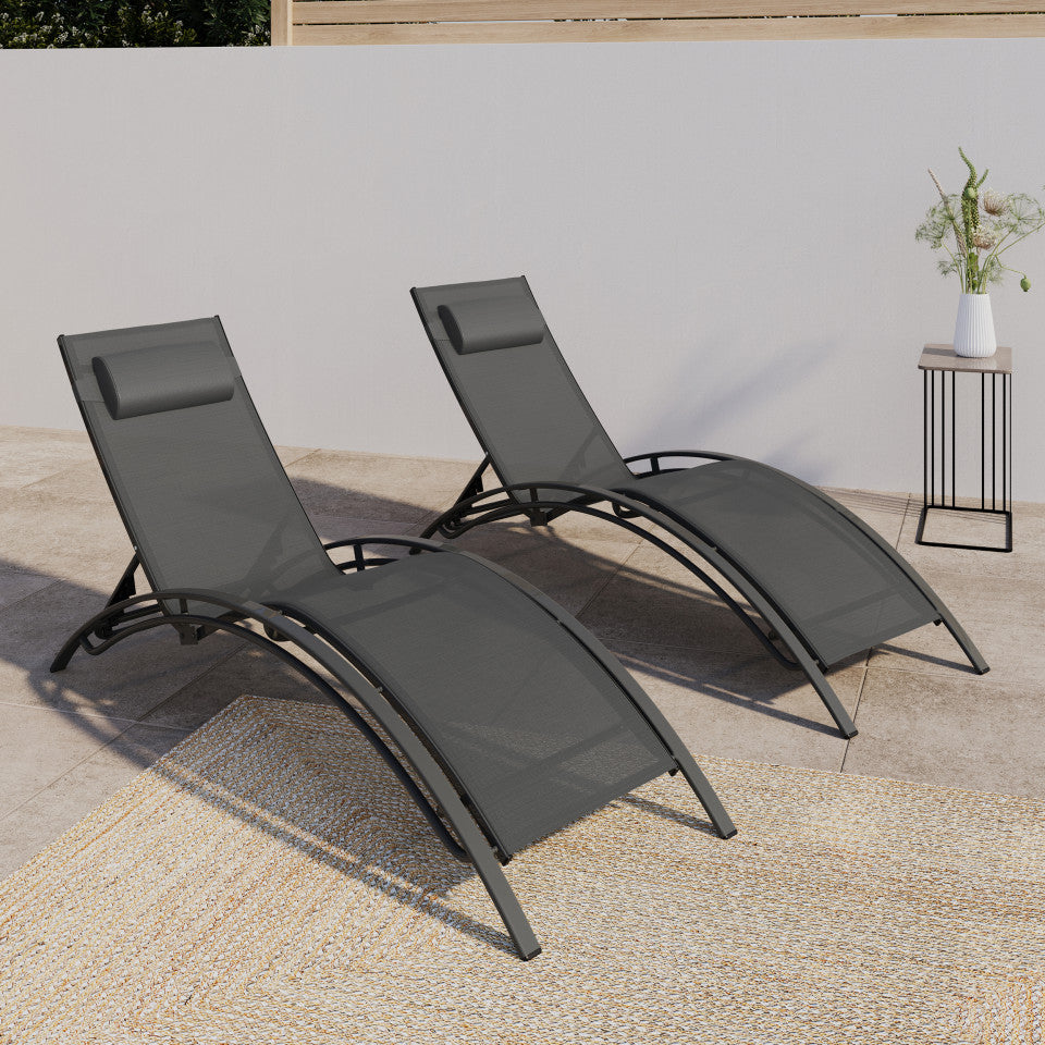 Transats inclinables Havane 4 positions en acier et toile avec coussin bleu et gris - lot de 2