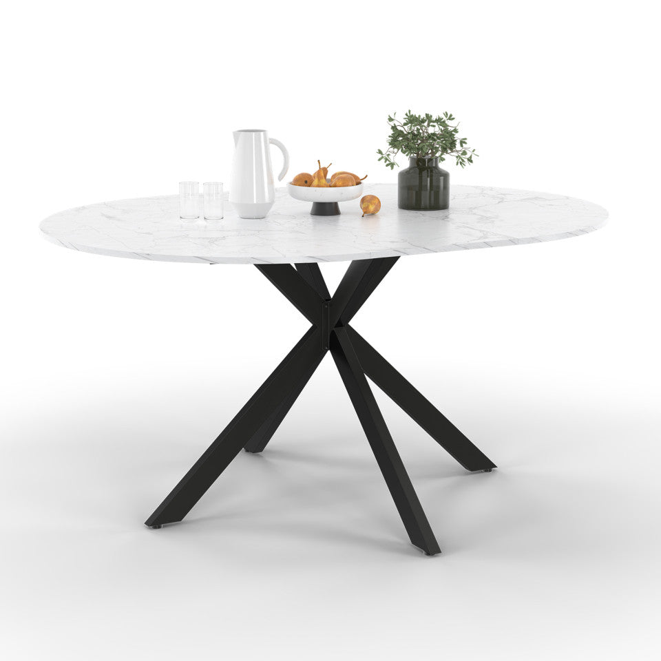 Table à manger ronde extensible Soline effet marbre blanc et noir Ø110-150cm
