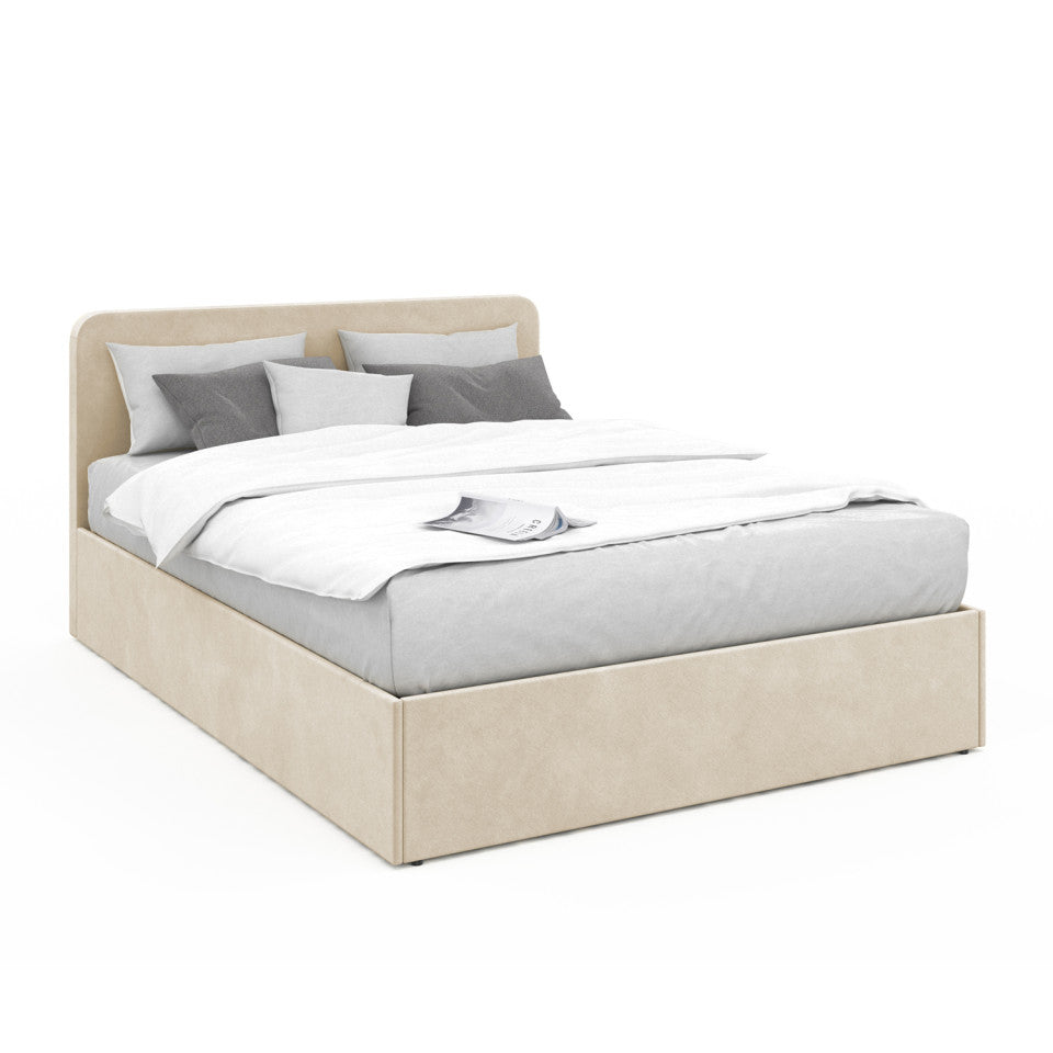 Lit coffre Louise en velours beige avec sommier et tête de lit arrondie 160x200cm