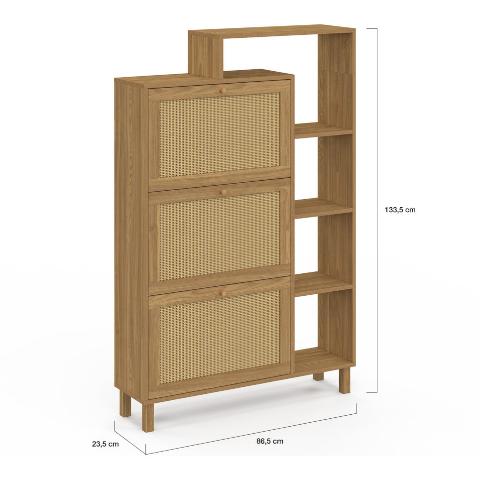 Meuble à chaussures Erin 3 portes en cannage avec étagères - 18 paires