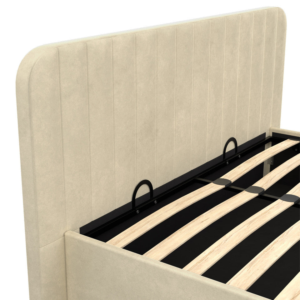 Lit coffre Valentina en velours beige avec sommier et tête de lit 160x200cm