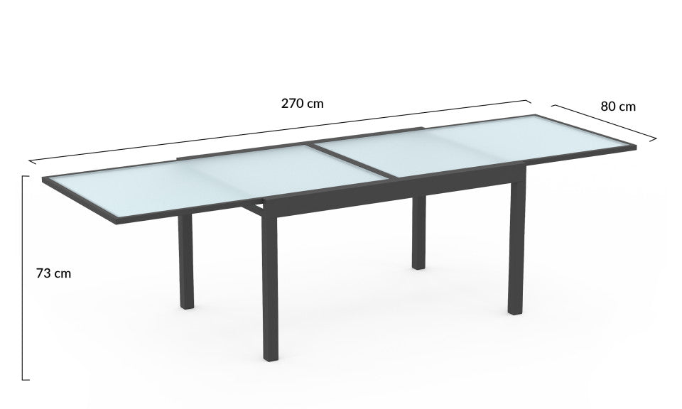 Table de jardin extensible grise en verre trempé 135-270cm