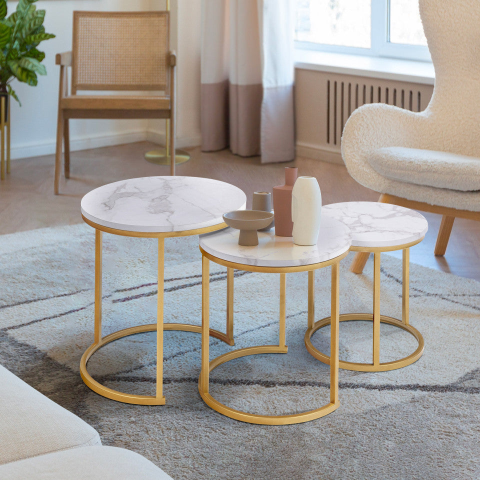 Tables basses rondes gigognes Glam plateau effet marbre blanc et pieds dorés - Lot de 3
