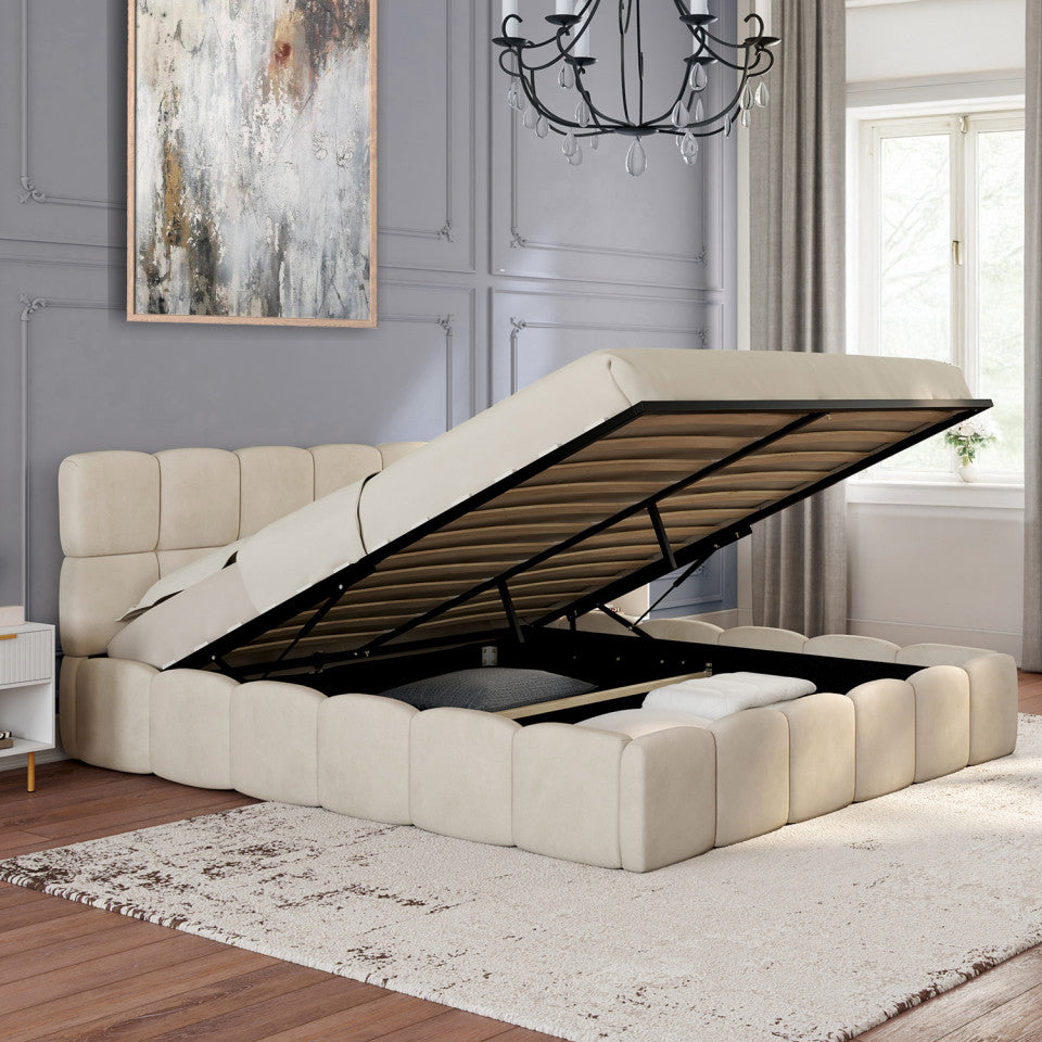 Lit coffre Bubble en velours beige avec sommier et tête de lit 160x200cm