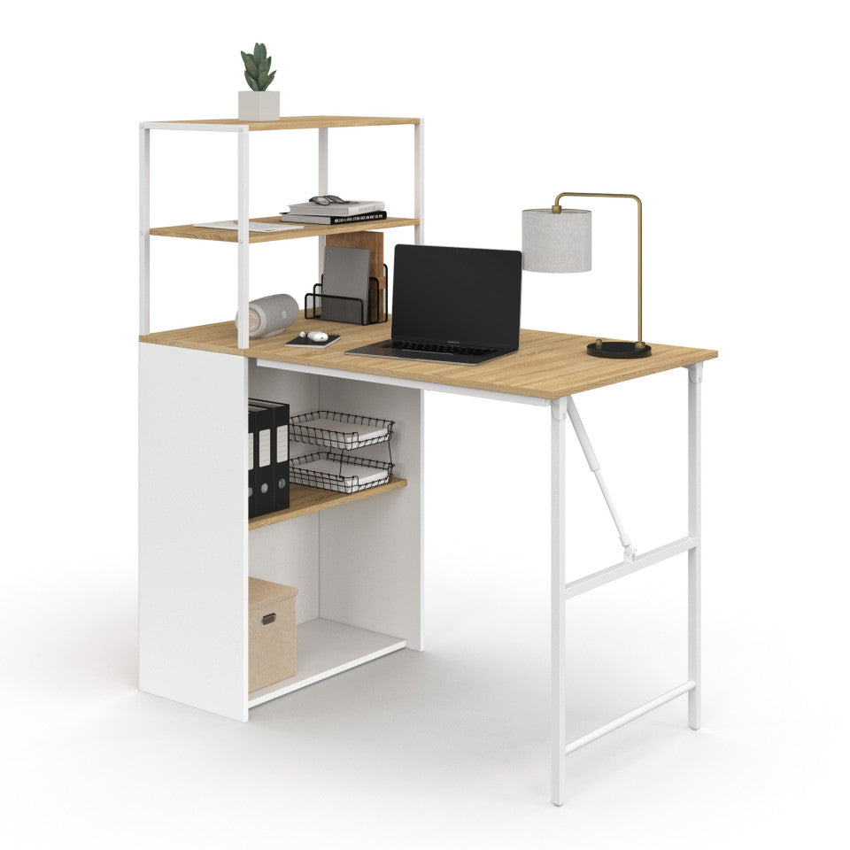 Bureau bibliothèque 2 en 1 pliable Raya blanc et bois
