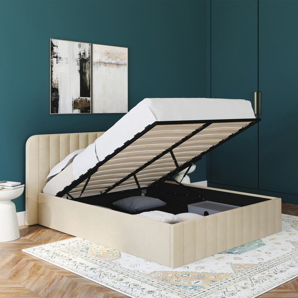 Lit coffre Valentina en velours beige avec sommier et tête de lit 160x200cm